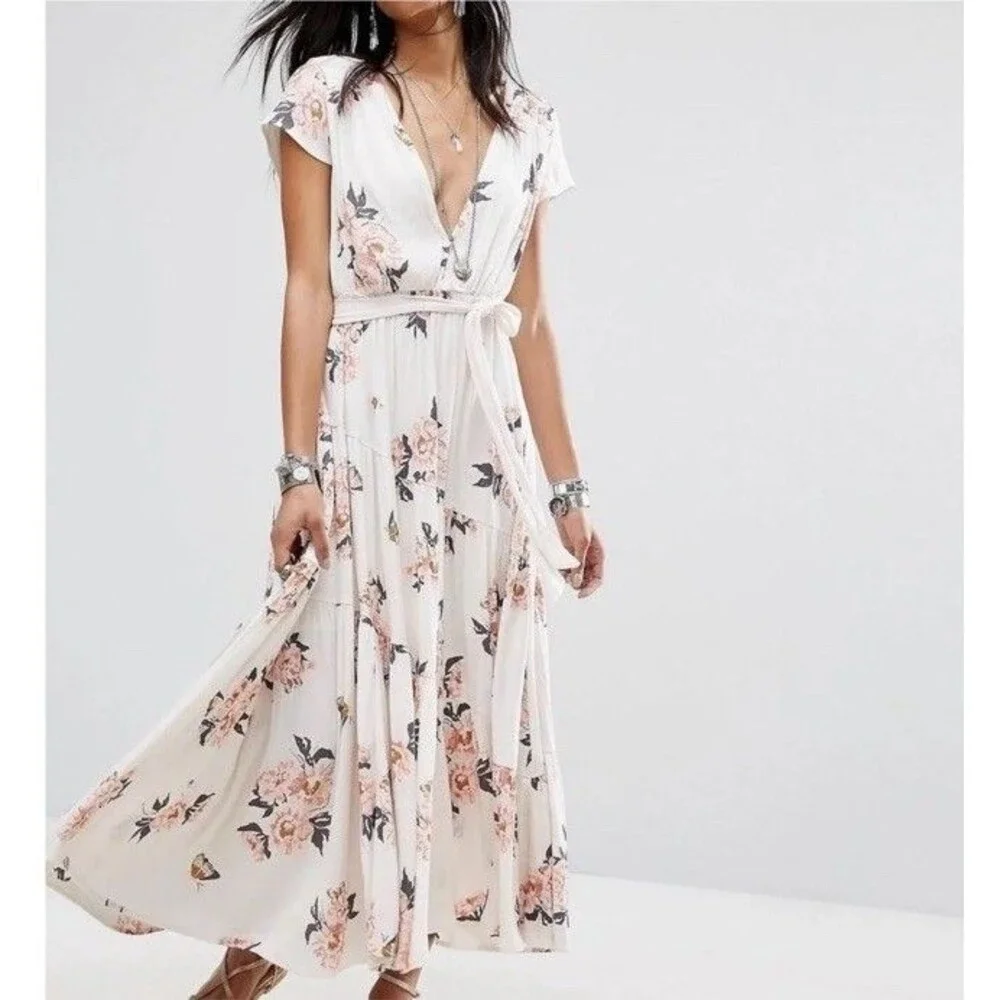 Free People All I Got Floral Printed Maxi Dress Ivory Pink Boho CottageCore Sz 6